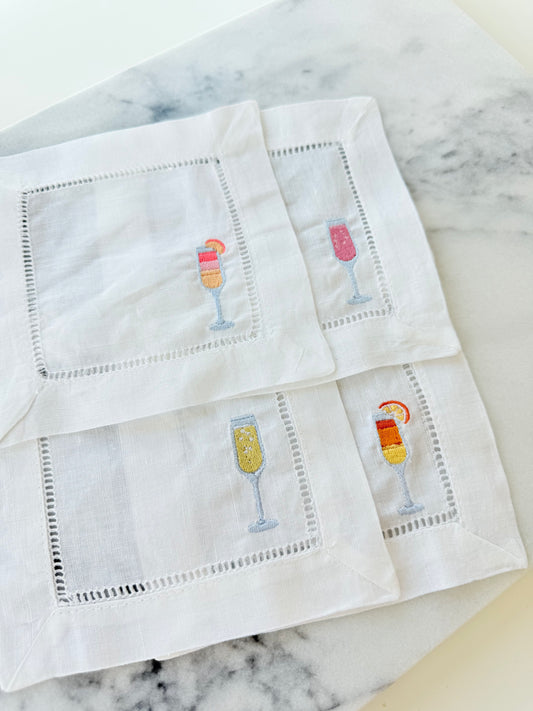 Champagne Flutes Embroidered Linen Cocktail Napkins - Set of 4