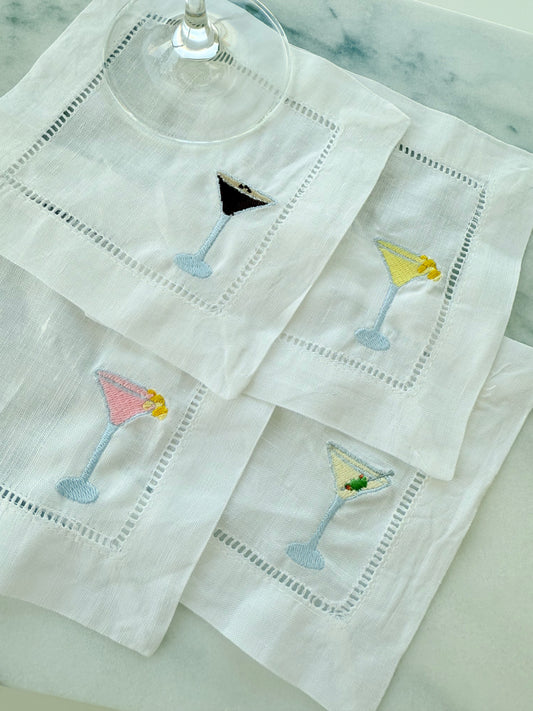 Martini Embroidered Linen Napkins - Set of 4