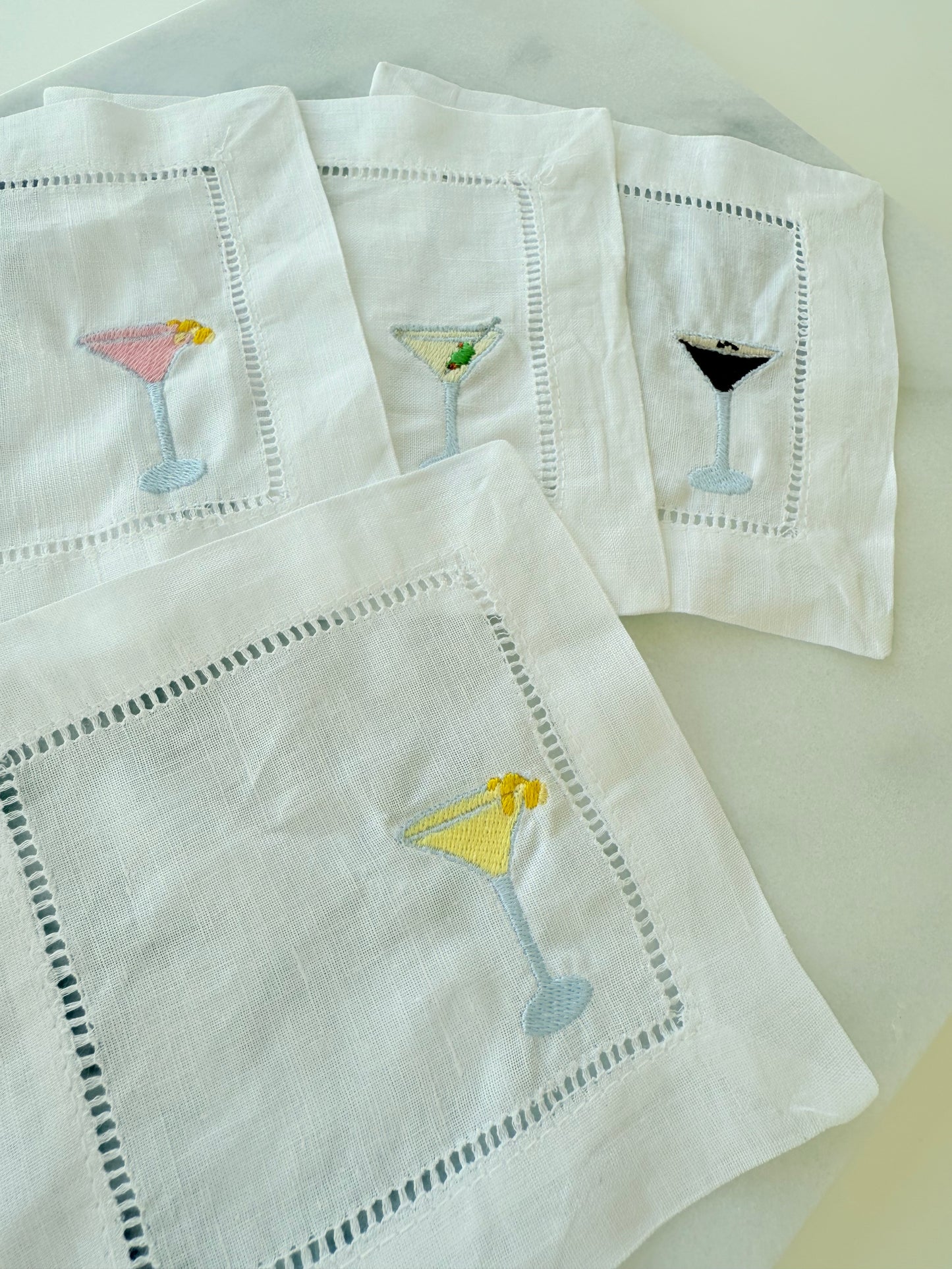 Martini Embroidered Linen Napkins - Set of 4