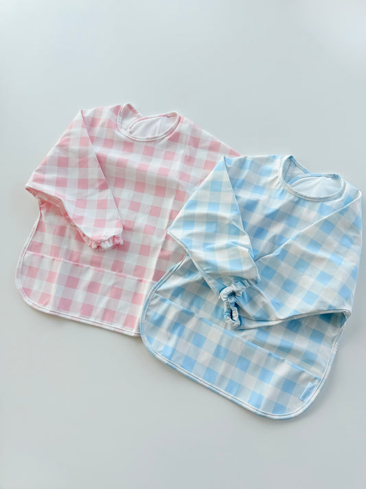 Gingham Long Sleeve Wipeable Washable Bib