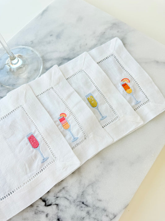 Champagne Flutes Embroidered Linen Cocktail Napkins - Set of 4