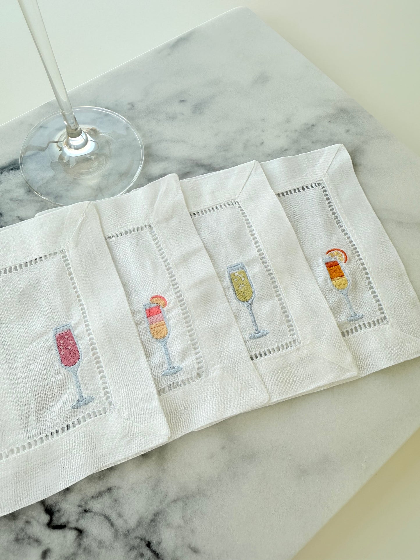 Champagne Flutes Embroidered Linen Cocktail Napkins - Set of 4