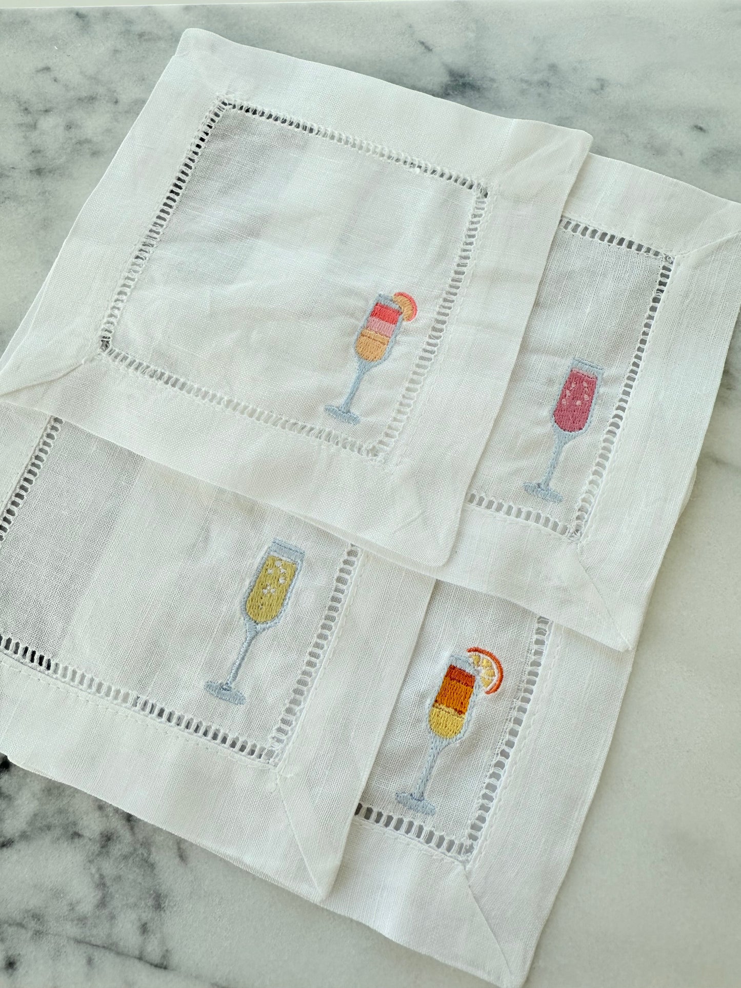 Champagne Flutes Embroidered Linen Cocktail Napkins - Set of 4