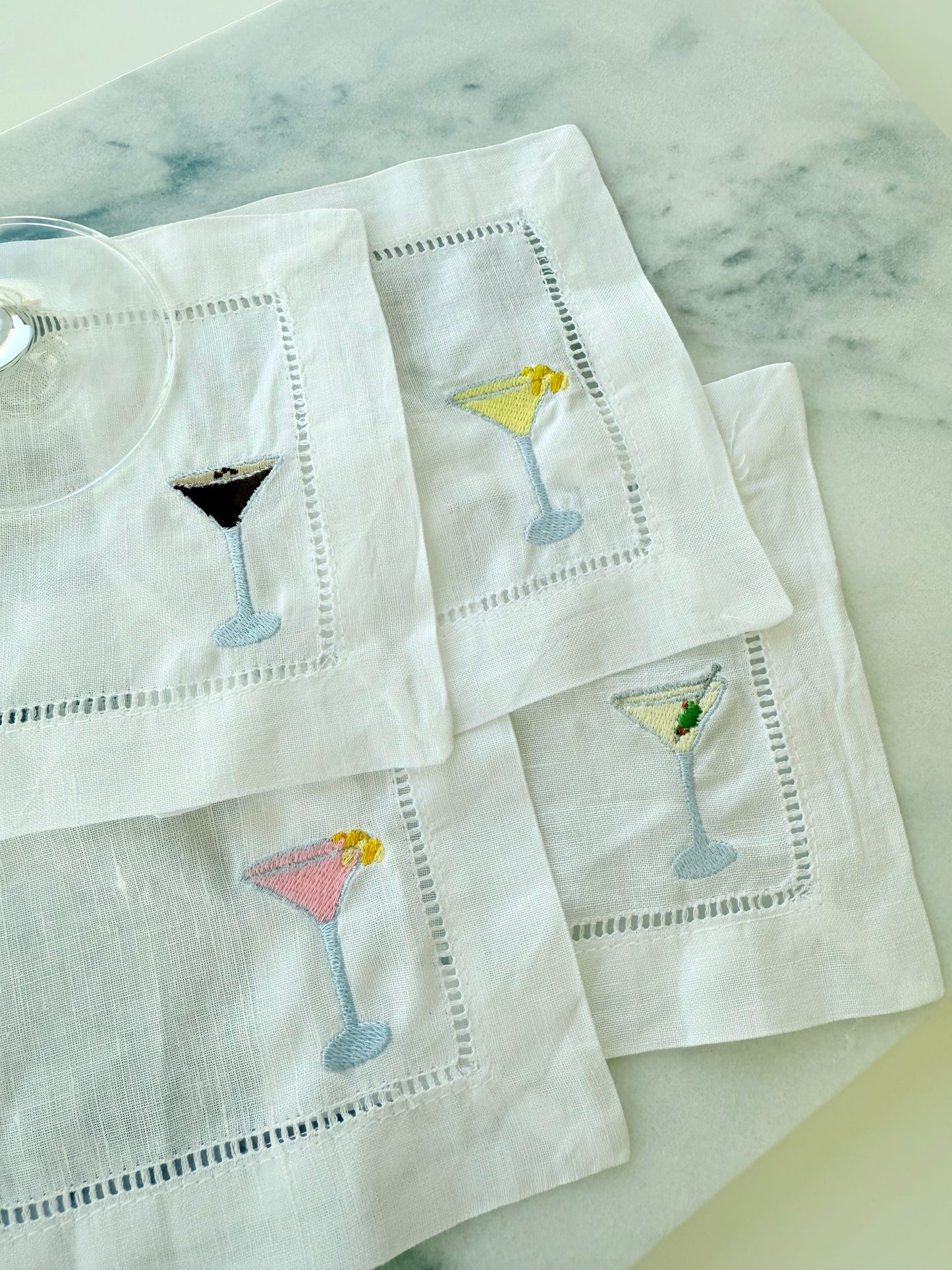 Martini Embroidered Linen Napkins - Set of 4