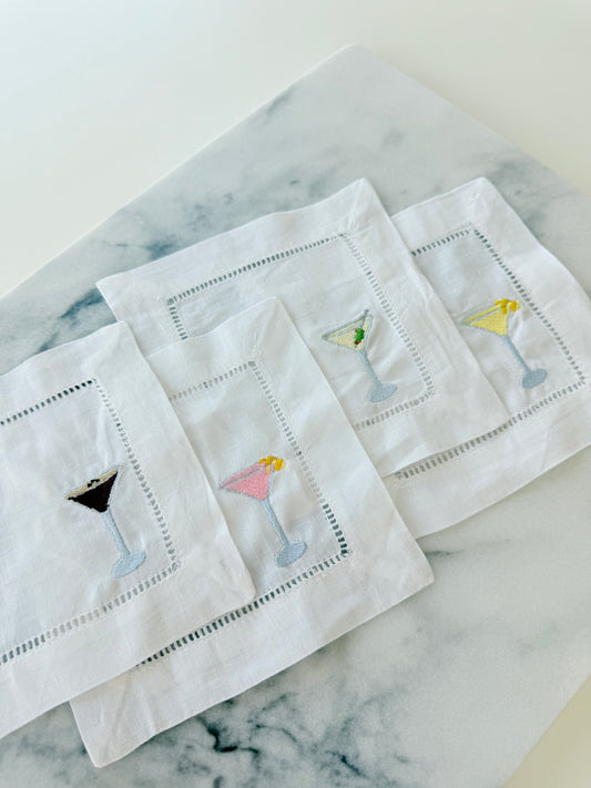Martini Embroidered Linen Napkins - Set of 4