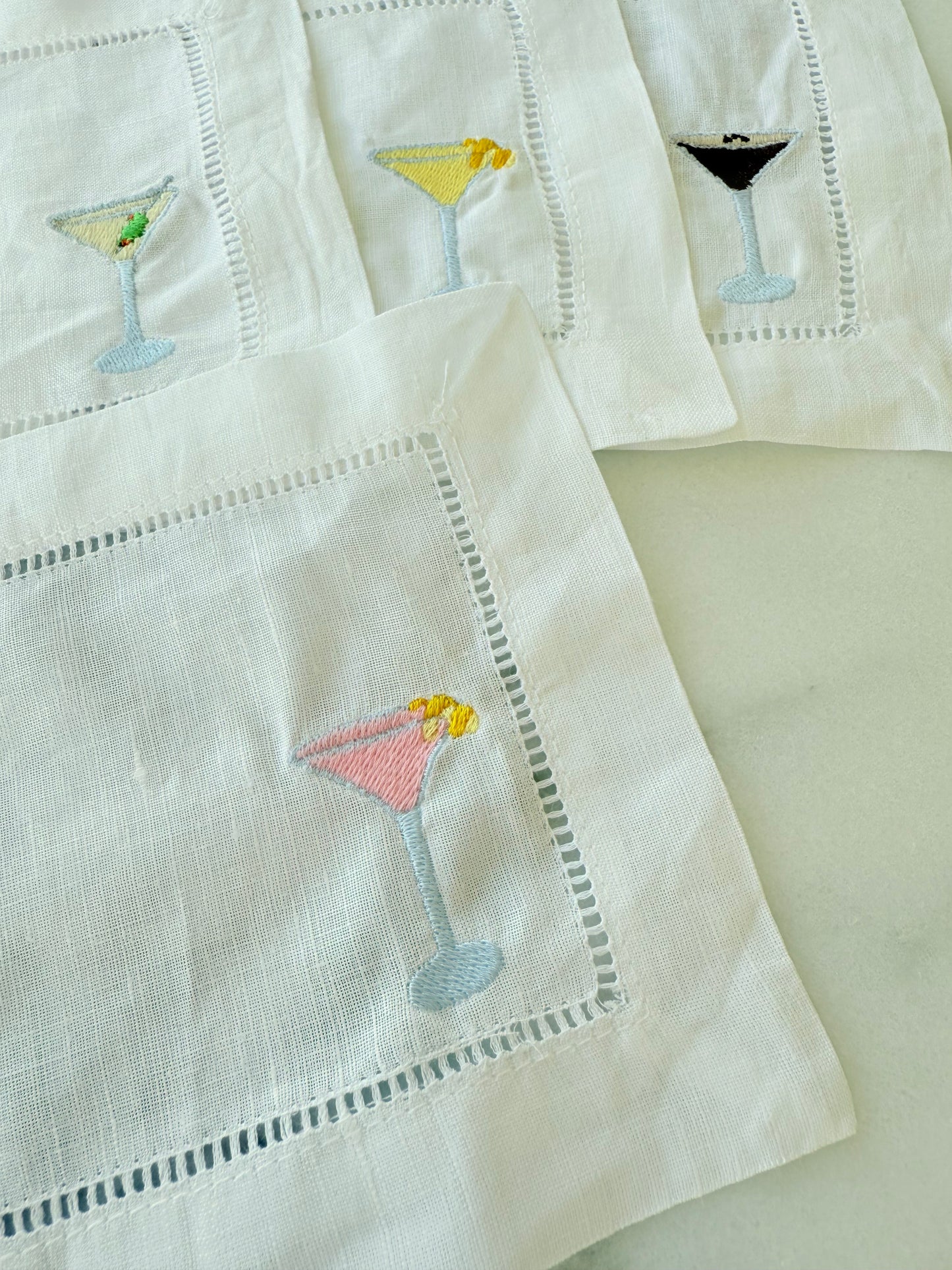 Martini Embroidered Linen Napkins - Set of 4