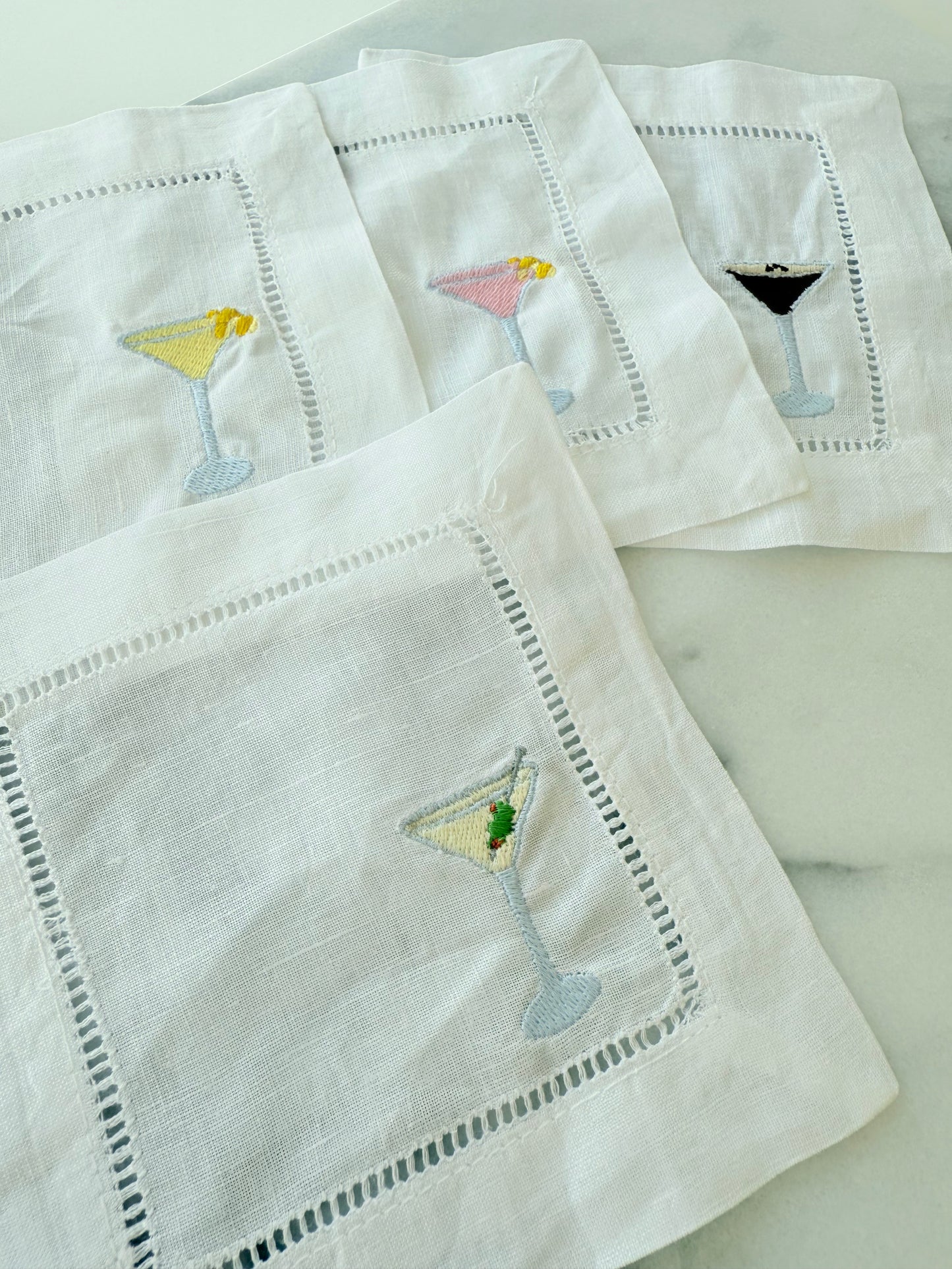 Martini Embroidered Linen Napkins - Set of 4