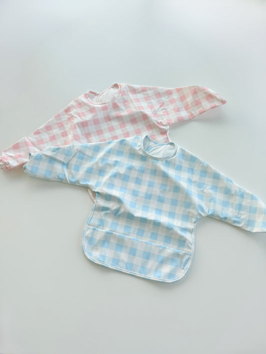 Gingham Long Sleeve Wipeable Washable Bib